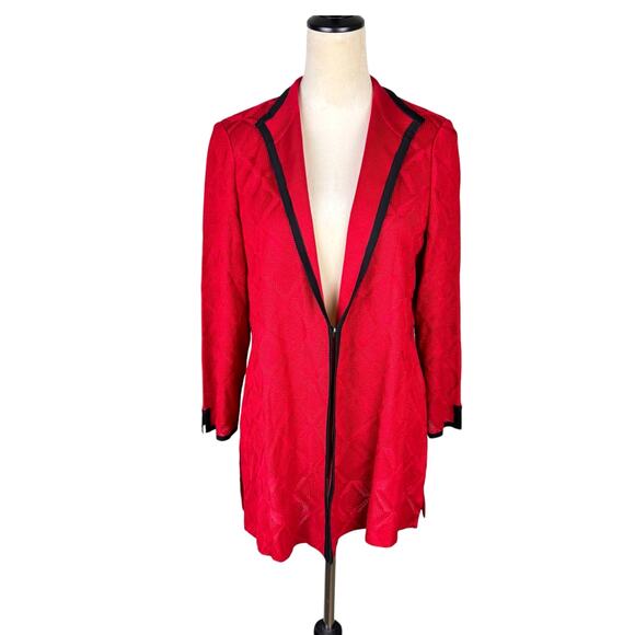 Ming Wang Red Geometric Diamond Knit Black Trim 3/4 Sleeve Cardigan Sweater - Picture 1 of 12
